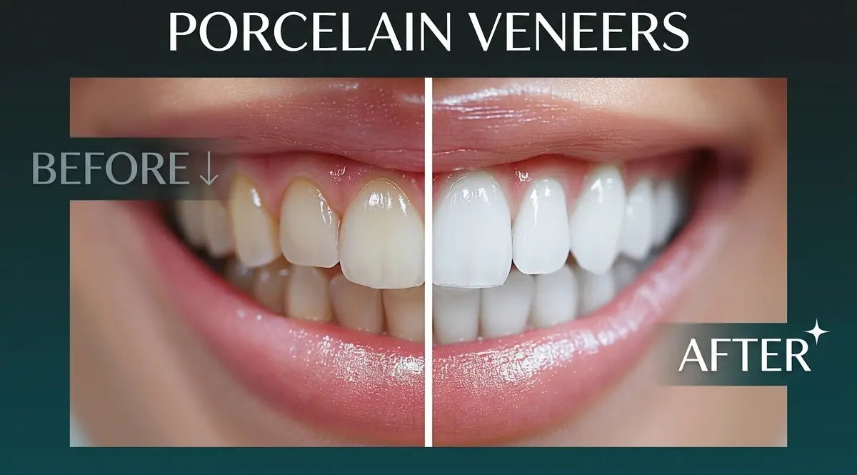 Before and after porcelain veneers at Toothbar Calgary showing whiter, straighter, and more uniform smile transformation