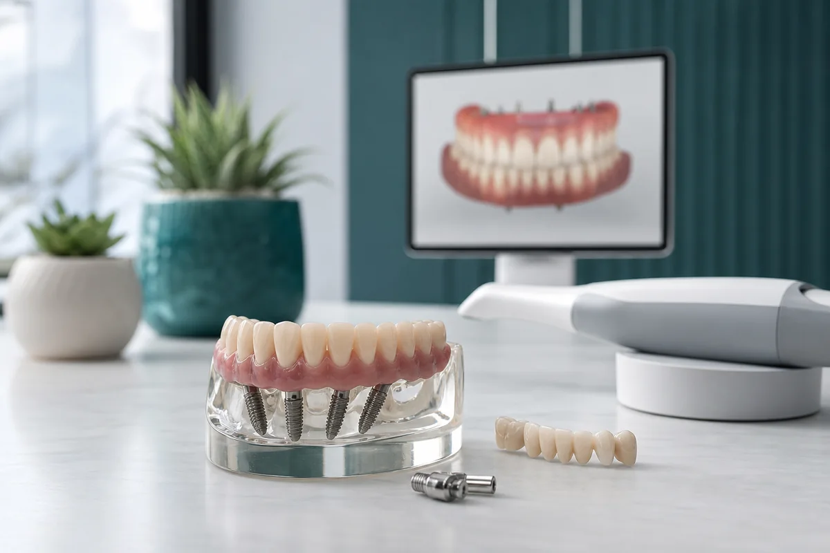 Model showing All-on-4 dental implants supporting a full arch in Calgary